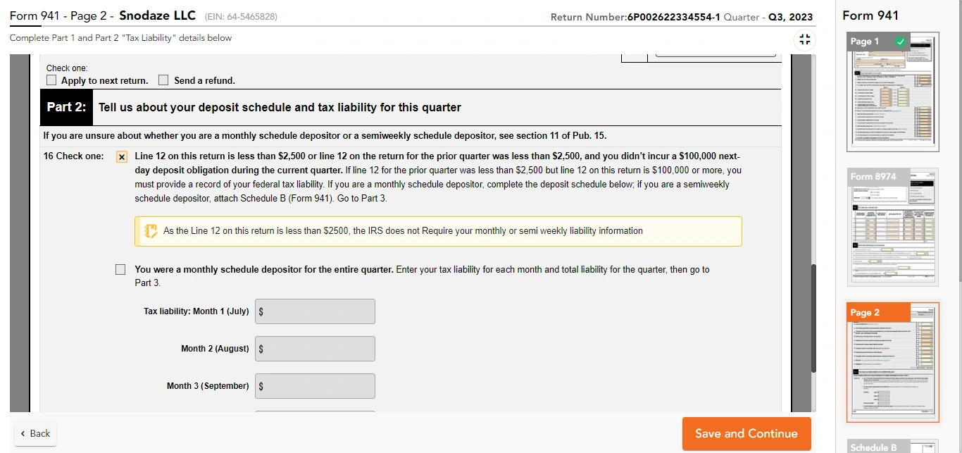 Enter Deposit Schedule & Tax Liability